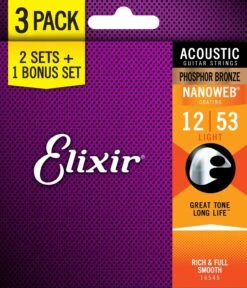 ELIXIR Nanoweb Coated Phosphor Bronze Acoustic Guitar Strings (.012-.053) (2+1 Pack) - Elixir