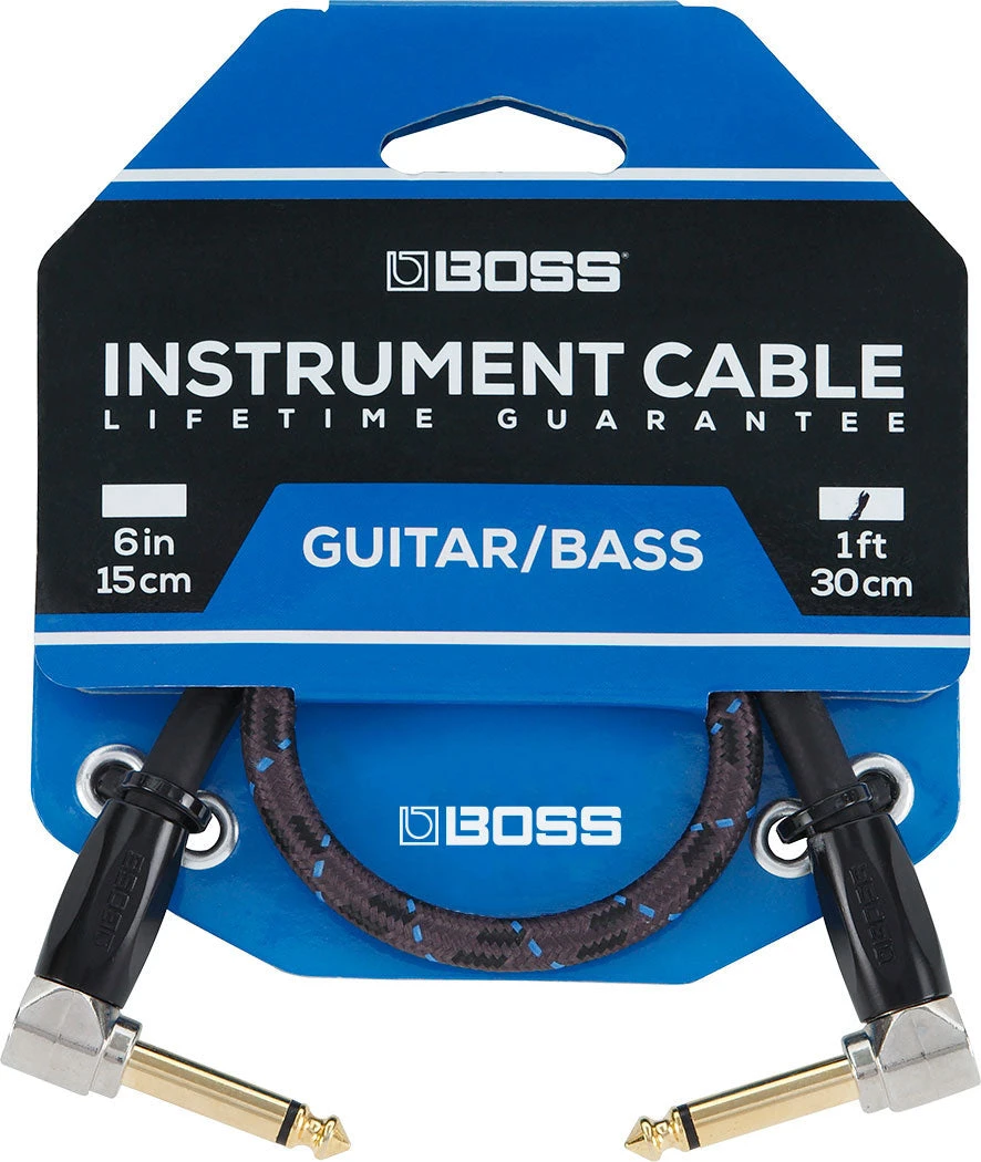 Boss 1ft / 30cm Instrument Cable, Angled/Angled 1/4" Jack - Boss 1 Boss 1ft / 30cm Instrument Cable, Angled/Angled 1/4" Jack - Boss